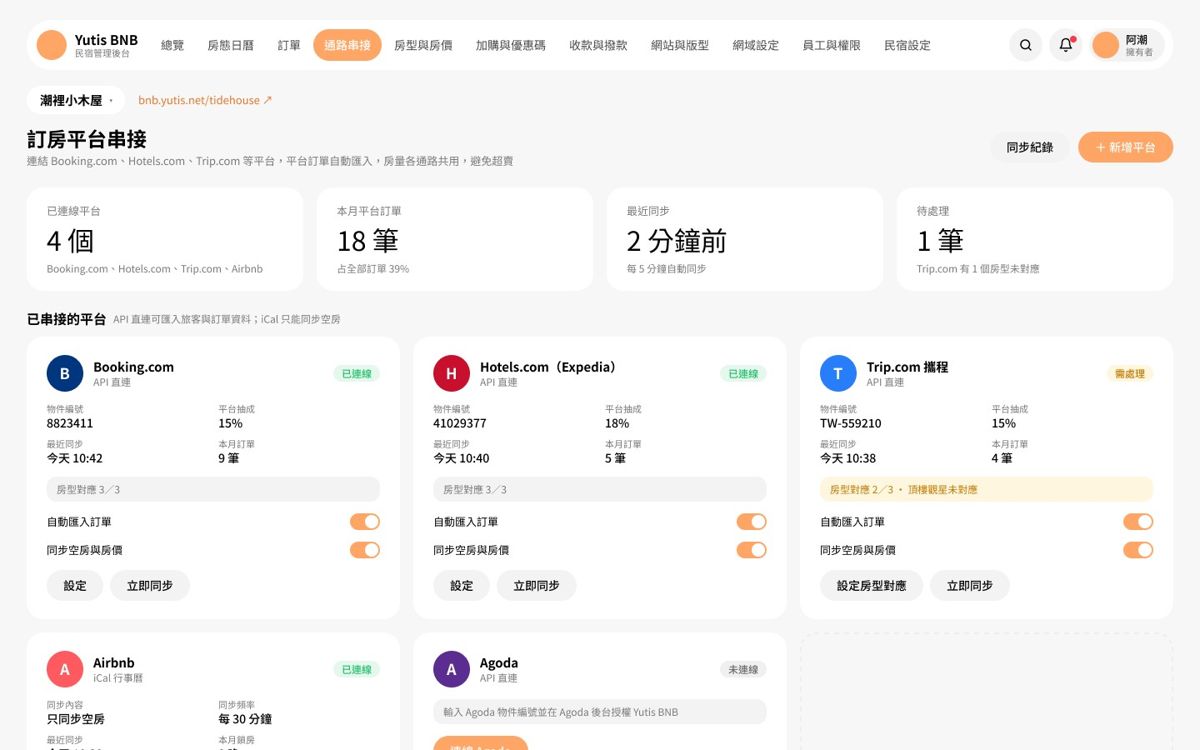Yutis BNB 後台「訂房平台串接」畫面